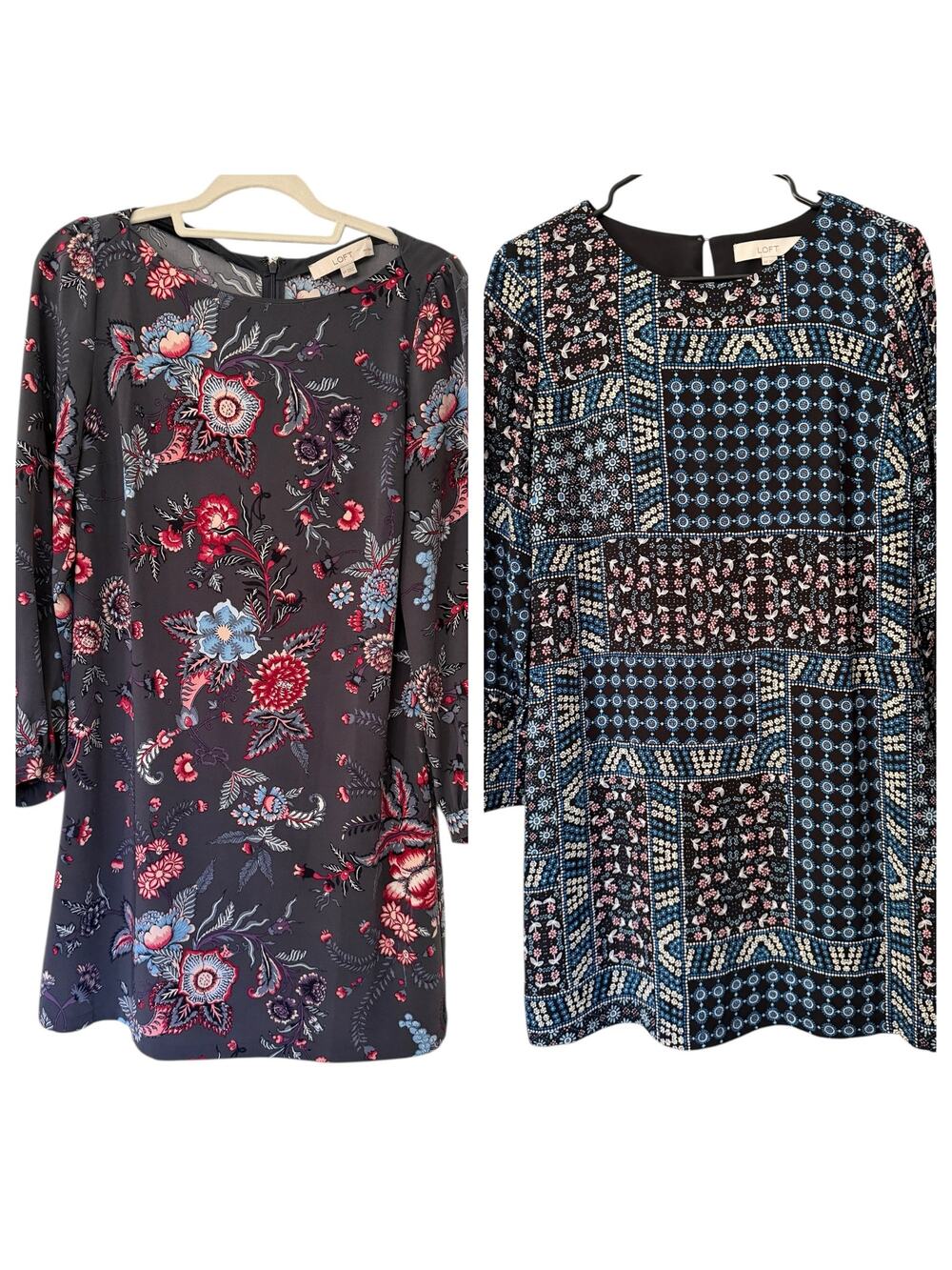 LOFT Petite Lot of 2 Dresses 6P Long Sleeve Floral & Patchwork Shift Work